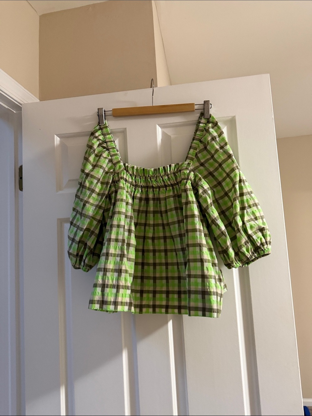 Ganni Green Plaid Puff Sleeve Top